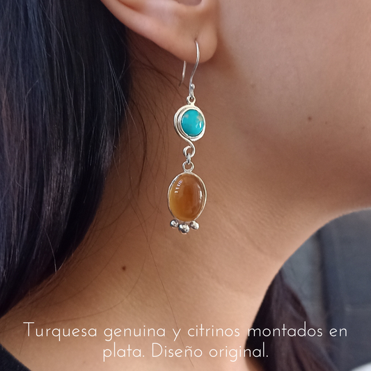 Aretes "Solsticio" de Turquesa y Citrino sobre plata 925