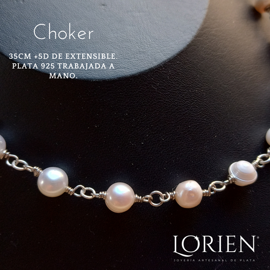 Choker "Coquette" de Perla de Río montada en Plata 925