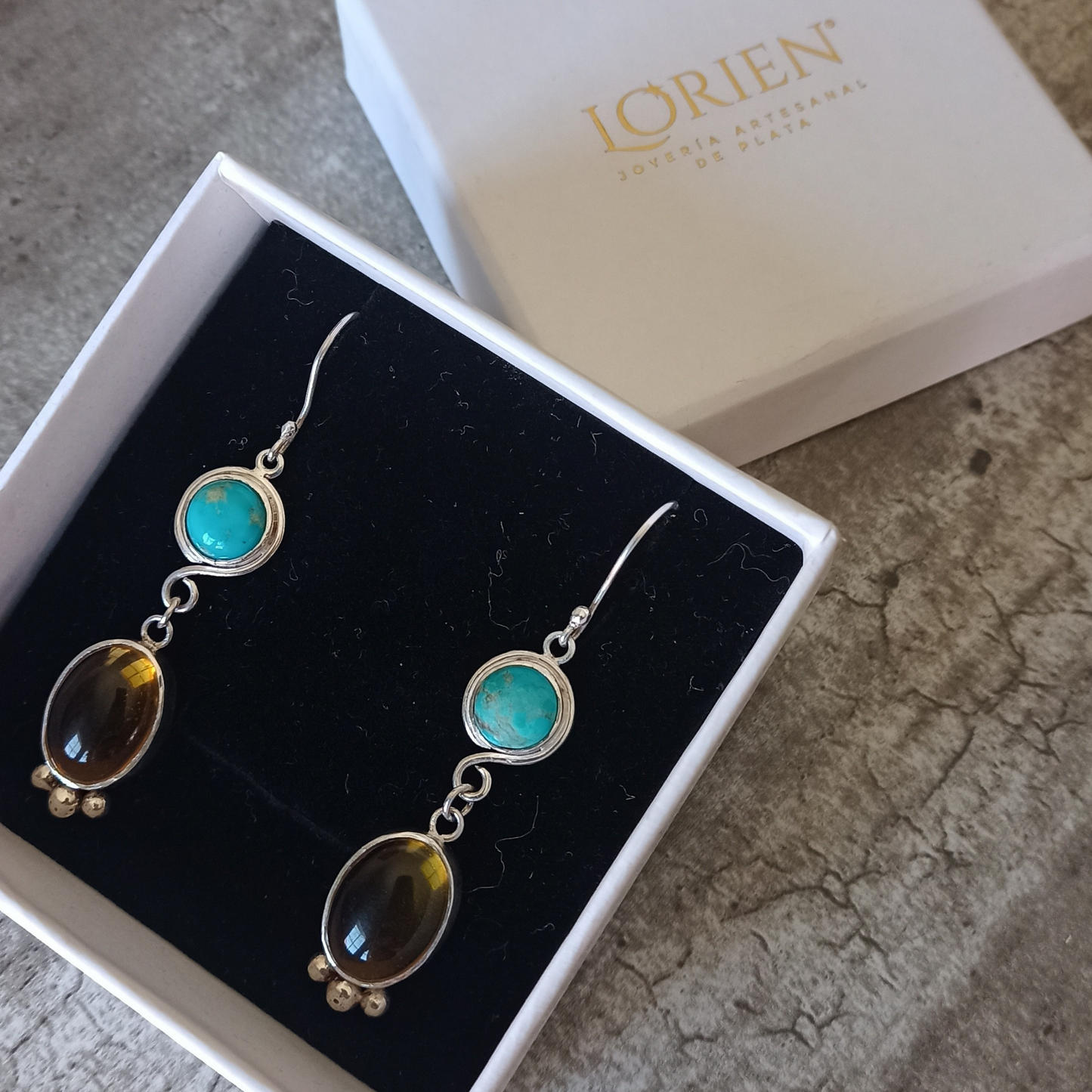 Aretes "Solsticio" de Turquesa y Citrino sobre plata 925