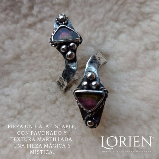 Anillo ajustable "Tribal Godess" plata 925 con Turmalina Sandía