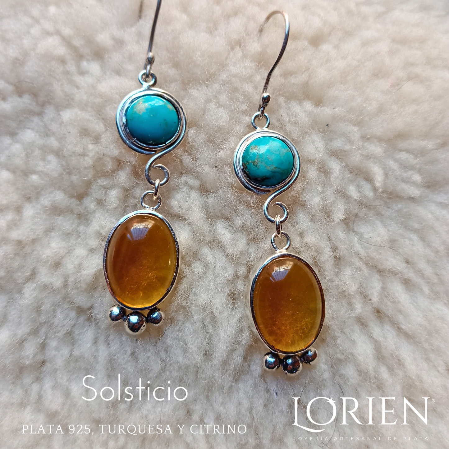 Aretes "Solsticio" de Turquesa y Citrino sobre plata 925