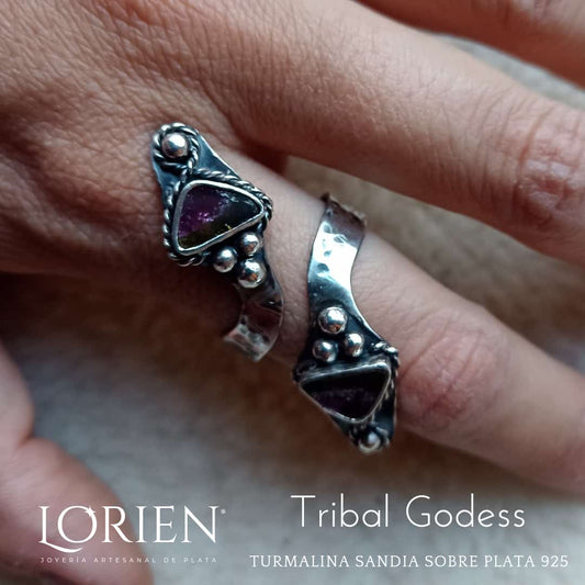 Anillo ajustable "Tribal Godess" plata 925 con Turmalina Sandía